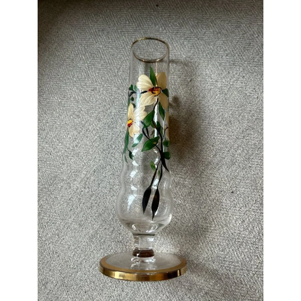 Vintage Hand-painted Pedestal GLASS VASE Painted Flowers Floral Gold Rim 8.25